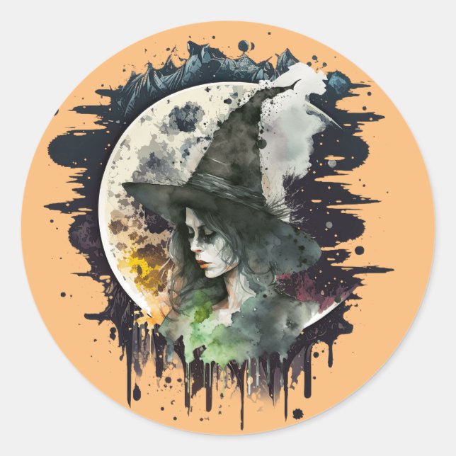 Halloween Witch and Full Moon Classic Round Sticker (Front)