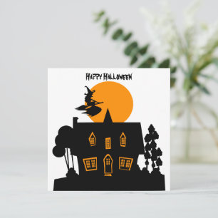 Halloween witch and haunted house holiday card