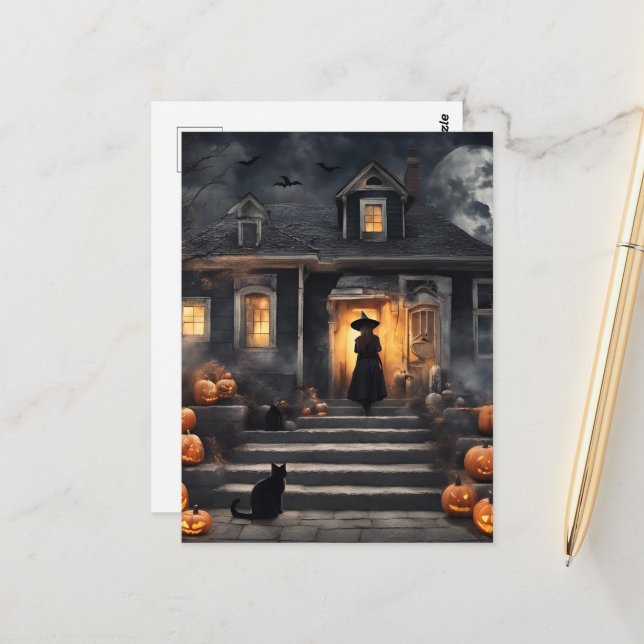 Halloween Witch and Haunted House Postcard (Front/Back In Situ)