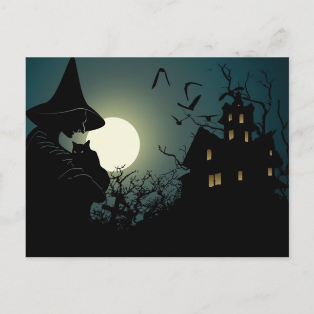 Halloween: witch and hounted house postcard (Front)