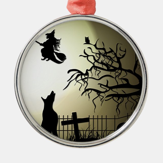 Halloween Witch and Howling Dog Metal Tree Decoration (Front)