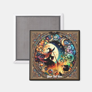 Halloween Witch and Magic Caldron Under Full Moon Magnet