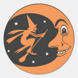 Halloween Witch and Moon Round Stickers