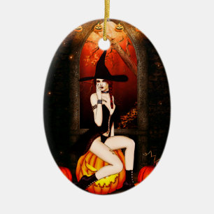 Halloween Witch and pumpkins Ceramic Tree Decoration