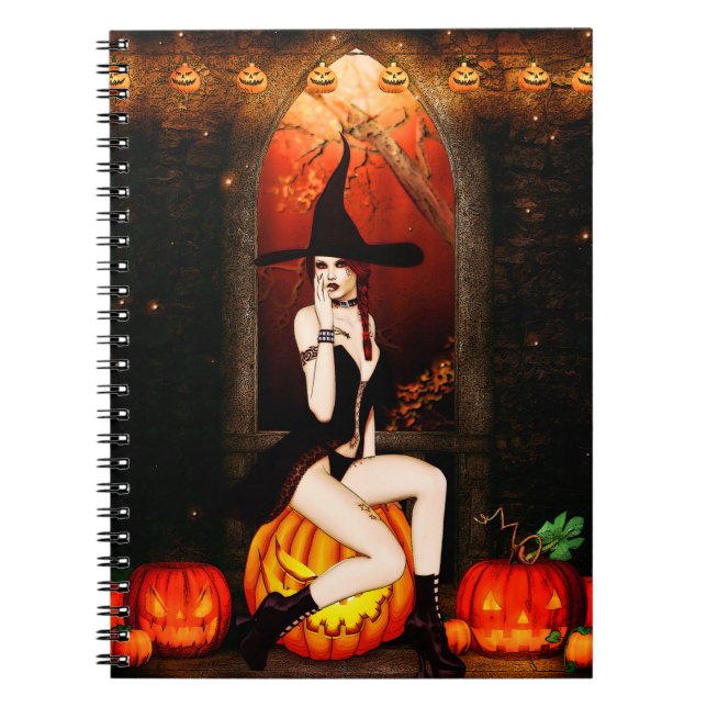 Halloween Witch and pumpkins Spiral Notebook (Front)