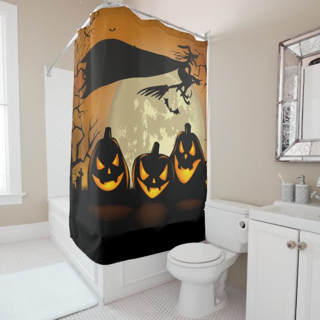 Halloween Witch and Scary Pumpkins Shower Curtain (In Situ)