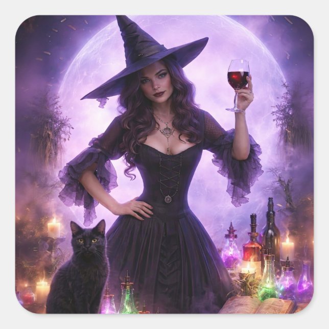 Halloween Witch and Wine Cute Sticker (Front)