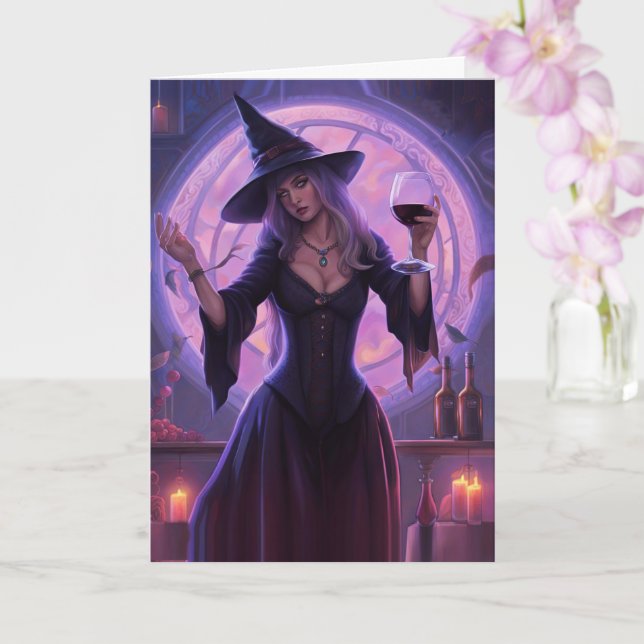 Halloween Witch and Wine Funny Beautiful Witch Card (Orchid)