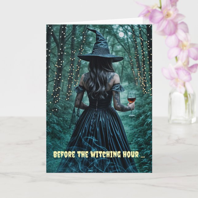 Halloween Witch and Wine in Enchanted Forest  Card (Orchid)