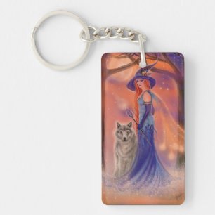 Halloween witch and wolf by Renee Lavoie  Key Ring