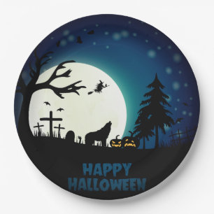 Halloween Witch And Wolf Fullmoon Paper Plate