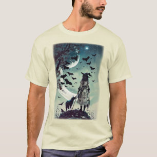 Halloween Witch And Wolf With Full Moon & Bats T-Shirt