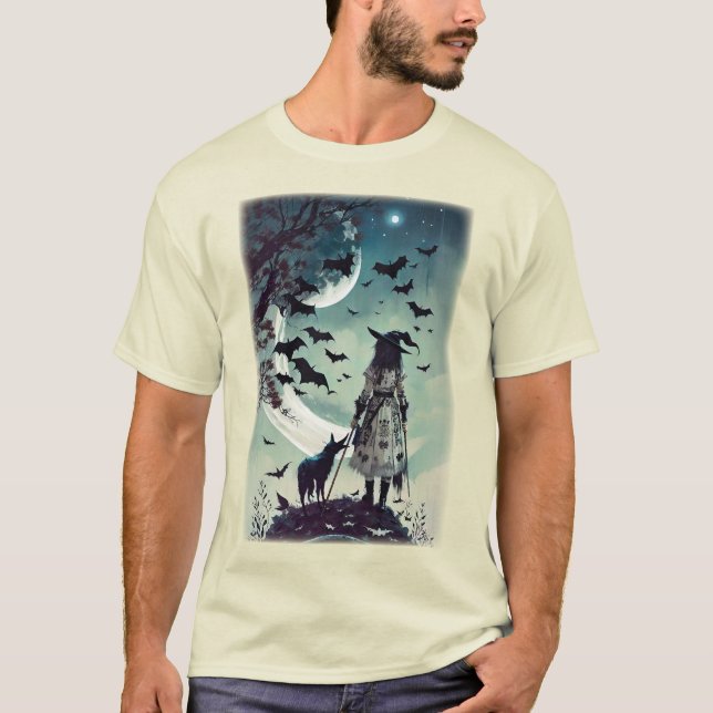 Halloween Witch And Wolf With Full Moon & Bats T-Shirt (Front)
