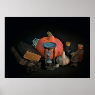 Halloween: witch attributes prepared on a table poster