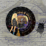 Halloween Witch Birthday Black Dart Board<br><div class="desc">Is your birthday in October ? Want to play games? How about a Halloween Birthday DART BOARD? This is a great design with a Halloween witch in a black dress making a brew,  with a tree,  moon owl,  and crawling purple spider in the background.  All text is customisable.</div>