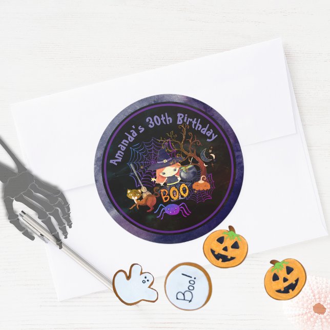 Halloween Witch Birthday Party Black Classic Round Sticker (Halloween Witch Birthday Party Black Classic Round Sticker)