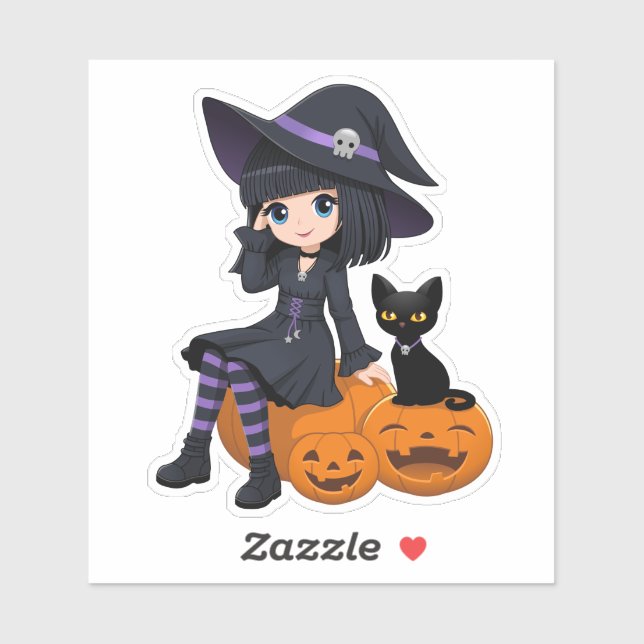 Halloween Witch, Black Cat, and Curved Pumpkins (Sheet)