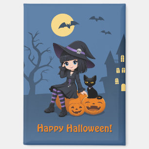 Halloween Witch, Black Cat, and Curved Pumpkins Magnet