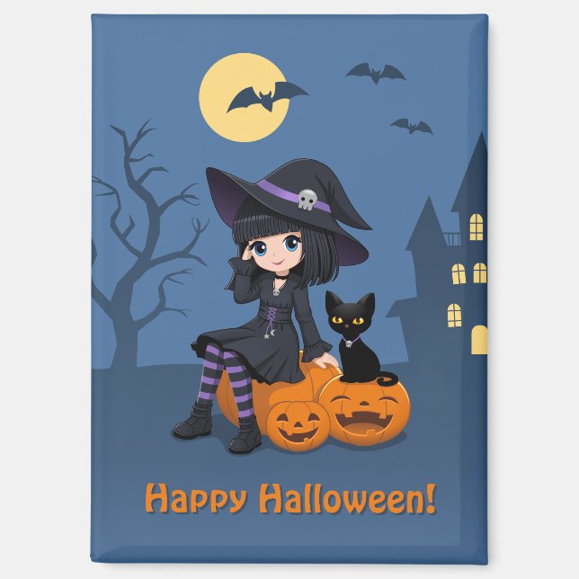 Halloween Witch, Black Cat, and Curved Pumpkins Magnet (Front)