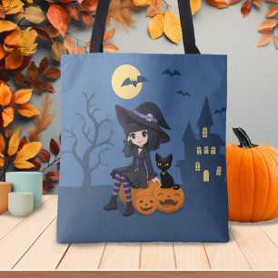 Halloween Witch, Black Cat, and Curved Pumpkins Tote Bag