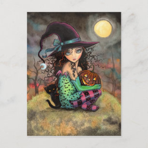 Halloween Witch Black Cat and Jack-O-Lantern Postcard
