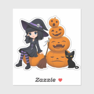 Halloween Witch, Black Cat, and Pumpkins