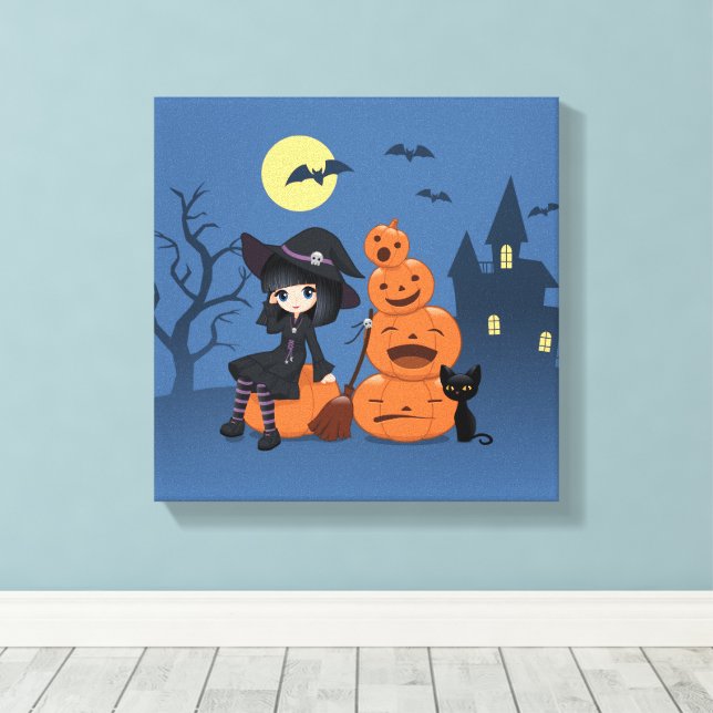 Halloween Witch, Black Cat, and Pumpkins Canvas Print (Insitu(Wood Floor))