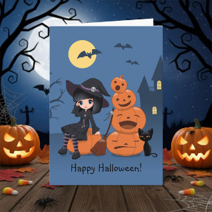 Halloween Witch, Black Cat, and Pumpkins Card