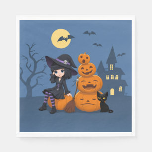 Halloween Witch, Black Cat, and Pumpkins Napkin