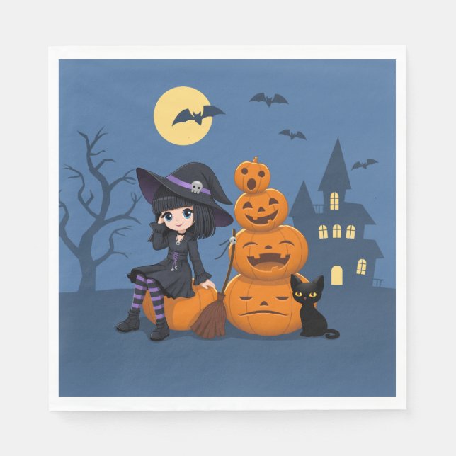 Halloween Witch, Black Cat, and Pumpkins Napkin (Front)