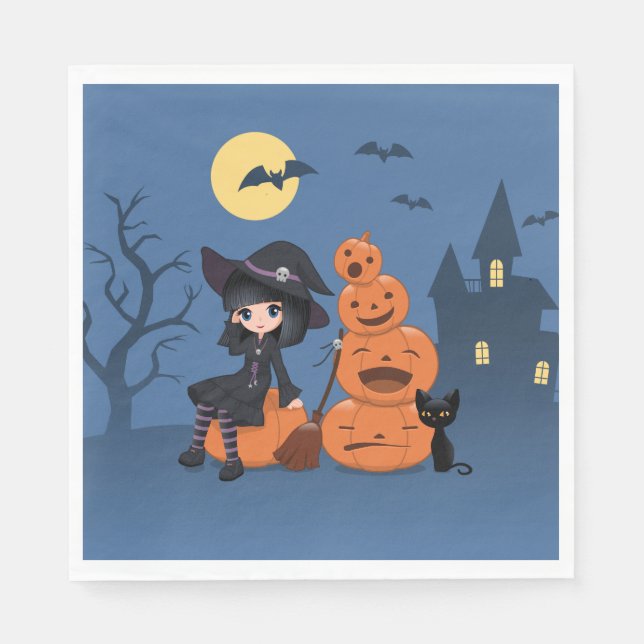 Halloween Witch, Black Cat, and Pumpkins Napkin (Front)