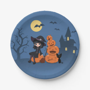 Halloween Witch, Black Cat, and Pumpkins Paper Plate