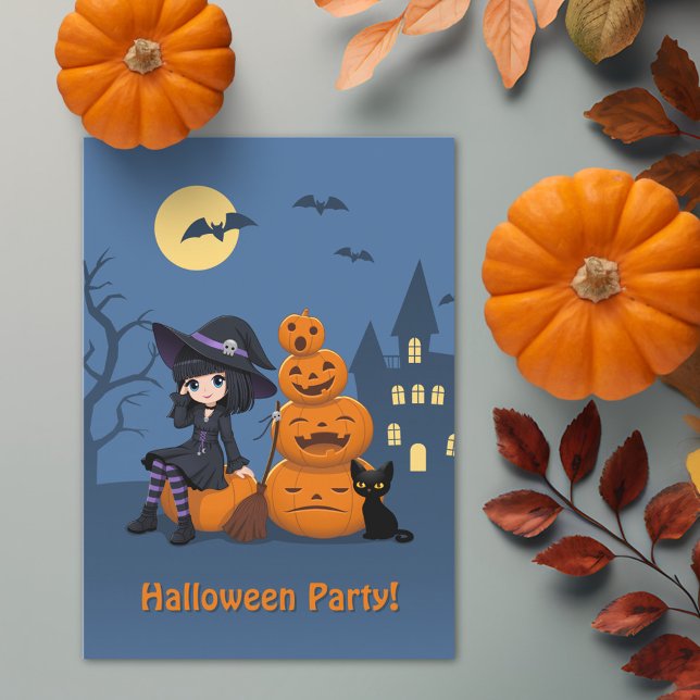 Halloween Witch, Black Cat, and Pumpkins Party Invitation (Creator Uploaded)