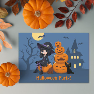 Halloween Witch, Black Cat, and Pumpkins Party Invitation