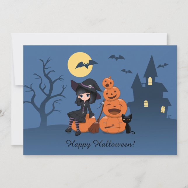 Halloween Witch, Black Cat, and Pumpkins Party Invitation (Front)