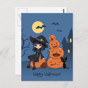 Halloween Witch, Black Cat, and Pumpkins Postcard