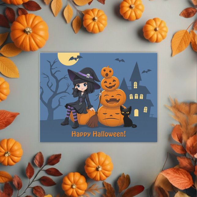 Halloween Witch, Black Cat, and Pumpkins Postcard (Creator Uploaded)