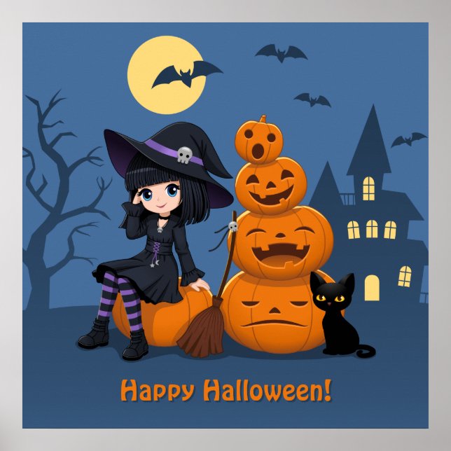 Halloween Witch, Black Cat, and Pumpkins Poster (Front)
