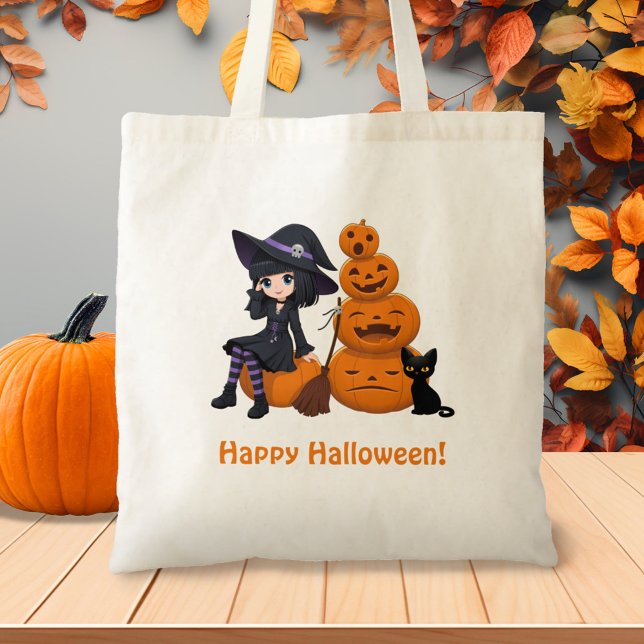 Halloween Witch, Black Cat, and Pumpkins Tote Bag (Creator Uploaded)