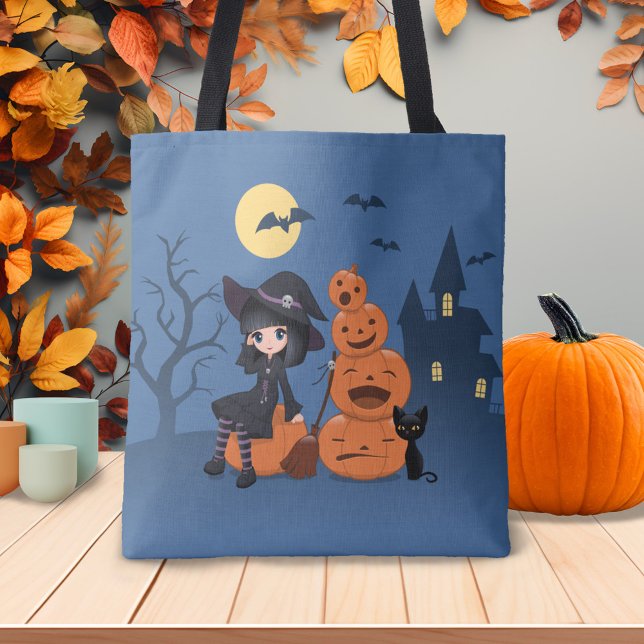 Halloween Witch, Black Cat, and Pumpkins Tote Bag (Creator Uploaded)