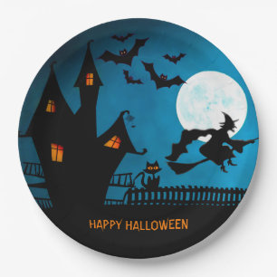 Halloween Witch Black Cat Bats Party Paper Plate