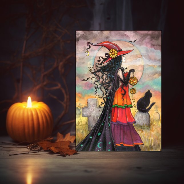 Halloween Witch Black Cat Graveyard Fantasy Art Card (Creator Uploaded)