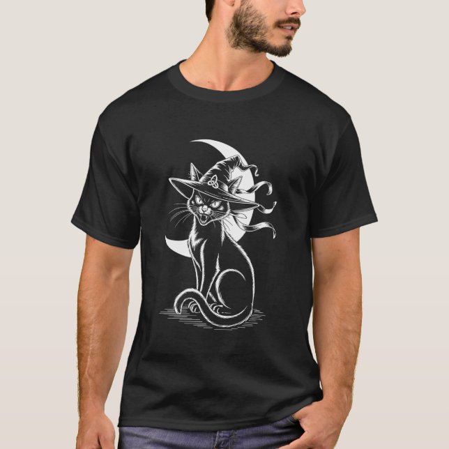 Halloween Witch Black Cat T-Shirt (Front)