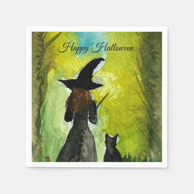 Halloween Witch Black Cat Woman Spells Napkin (Front)