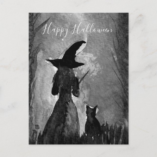 Halloween Witch Black Cat Woman Spells Postcard (Front)