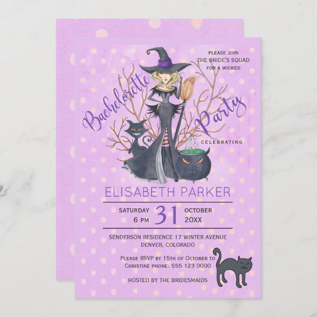 Halloween witch black cats bachelorette party invitation (Front/Back)