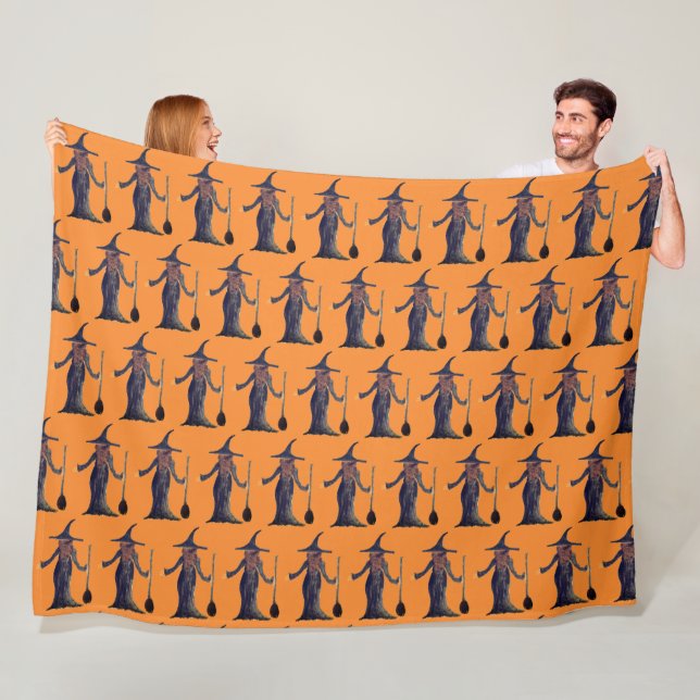 Halloween Witch Black Orange Pattern Spooky Fleece Blanket (In Situ)