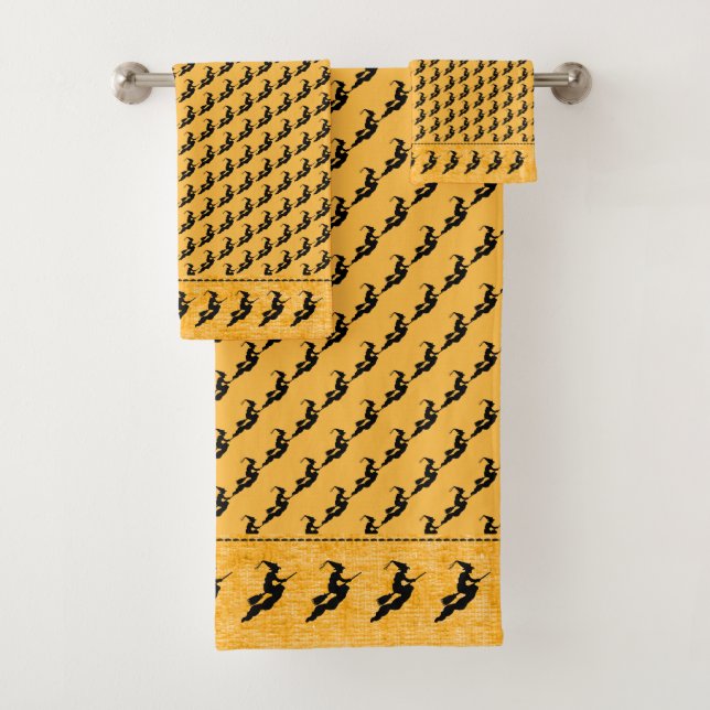 Halloween Witch Black Silhouette Pattern on Orange Bath Towel Set (Insitu)