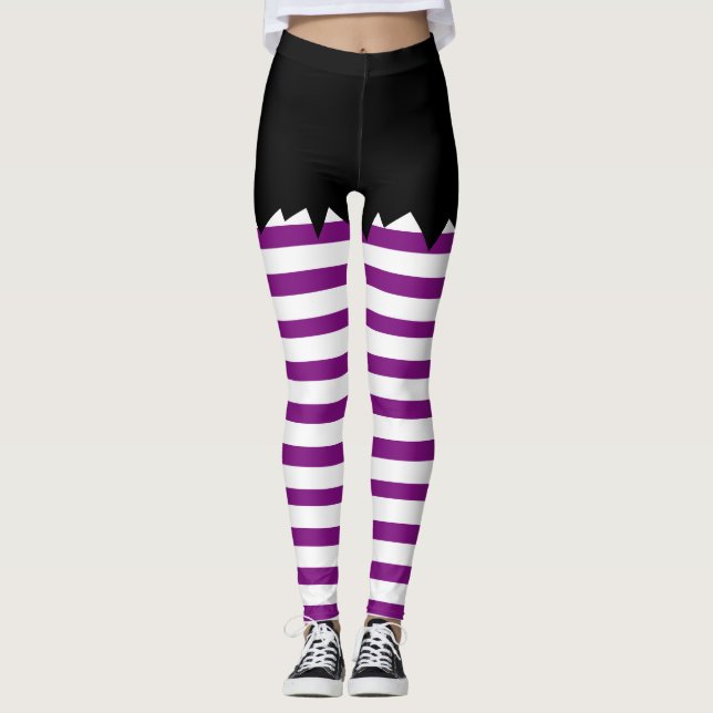 Halloween Witch Black with White Stripes Leggings (Front)