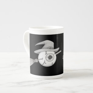 Halloween witch broom and scary eyeball bone china mug